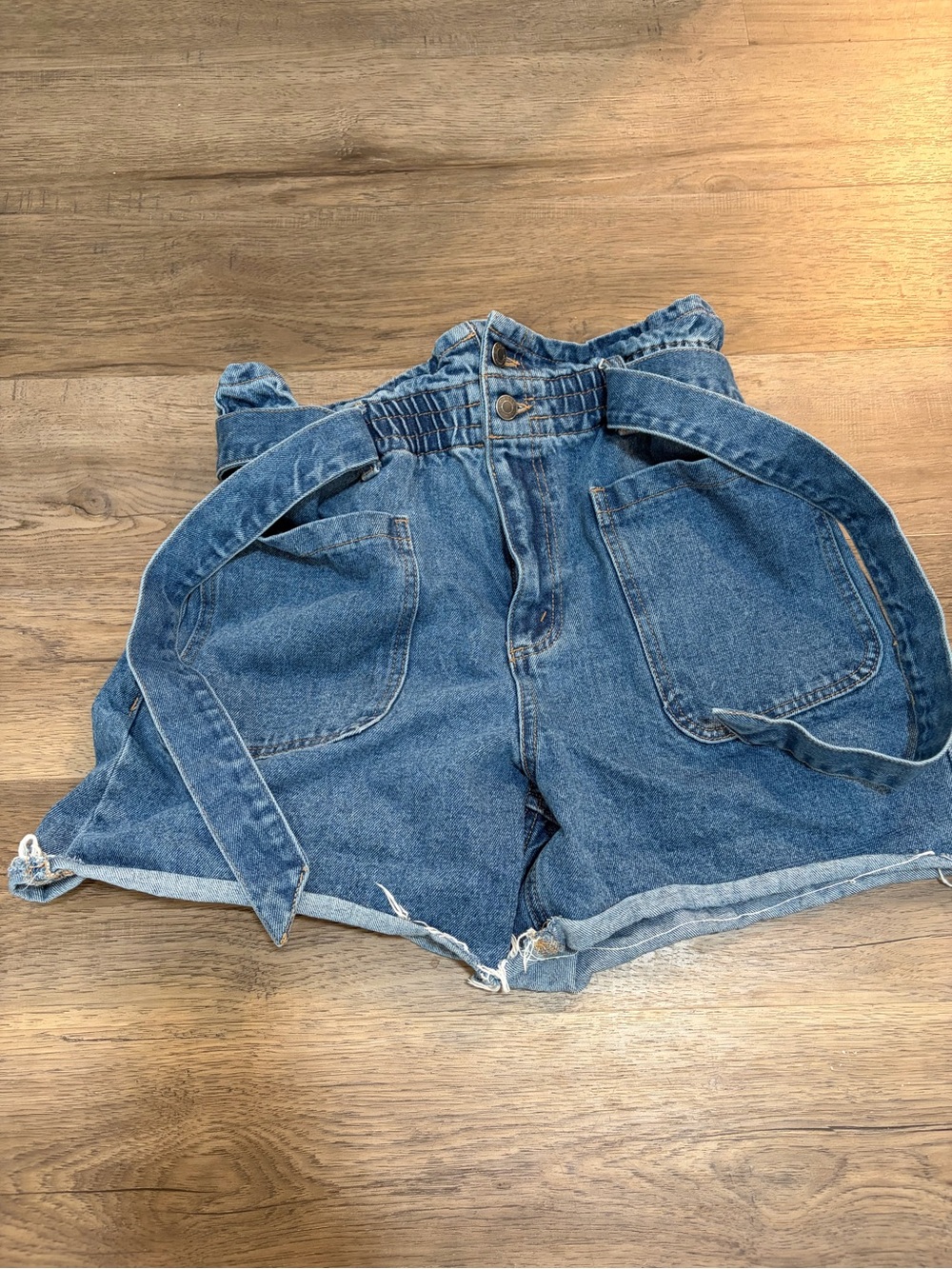Cello Blue Denim Paperbag Waist Shorts with Tie Belt